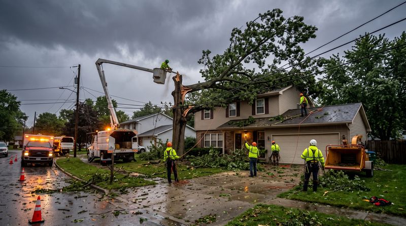 Emergency tree service crew removing a storm-fallen tree from a roof in Fort Wayne Indiana