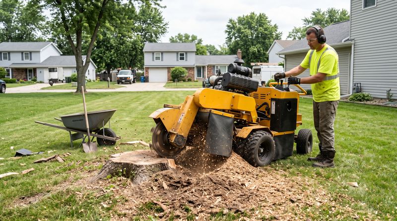 Stump grinding machine removing a tree stump below ground level in a Fort Wayne IN yard