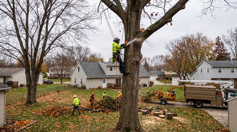 Professional tree removal crew taking down a large oak tree in a Fort Wayne IN backyard