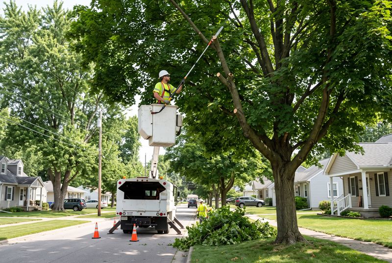ISA-certified arborist trimming a mature maple tree from a bucket truck in Fort Wayne Indiana